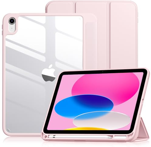Vobafe Case for iPad A16 11th Generation 11 Inch 2025/iPad 10th 10.9 2022 | with Pencil Holder, PC Clear Hard Back Cover, Slim Trifold Stand Case Support Touch ID, Auto Wake/Sleep, RosePink