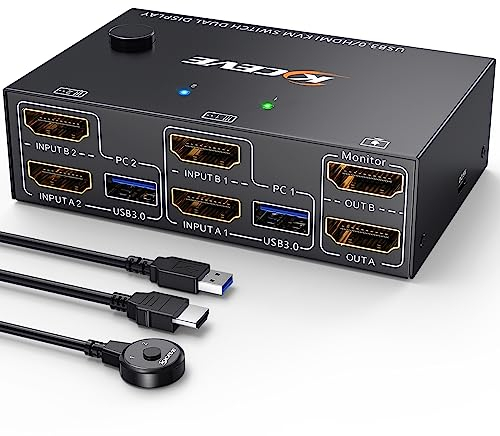 USB3.0 KVM Switch 2 PC 2 Monitore 4K@60Hz 2K@144Hz EDID Simulation,ESKEVE Dual Monitor HDMI2.0 KVM Switch für 2 PC Teilen 2 Monitors und 4 USB3.0-Geräte,mit Kabelfernbedienung und 2 USB-Kabel