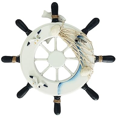 Hoshisea Timone Decorativo per Barca, Della Parete Timone Ruota, Volante per Barca in Legno, Wooden Ship Wheel, Murale Nautico Volante, per la Decorazione Delle Pareti (Blu, Bianco)