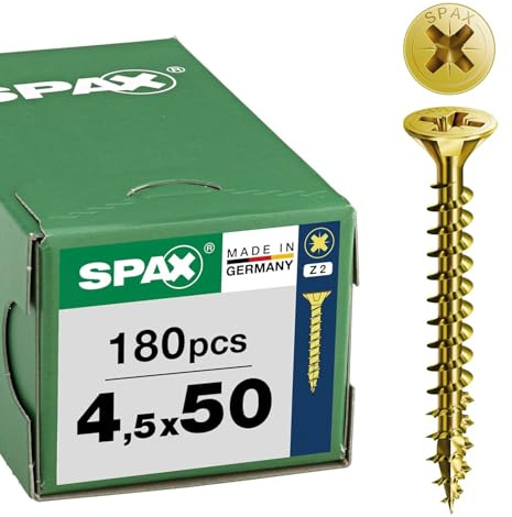 SPAX Tornillo Universal 4,5 x 50 mm, 180 pzas., Cabeza Avellanada Z2 | Tornillos para madera con rosca completa y punta 4CUT. Recubrimiento anticorrosivo YELLOX para interiores y exteriores.