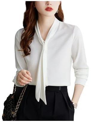 KWTF Mode coréenne vêtements Femmes Chemise Solide Satin drapé Noeud Cou à Manches Longues Jaune élégant Luxe Blouses Femme Dame Haut