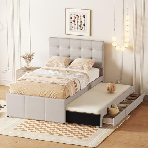 Idemon Cama tapizada, doble, cama familiar, cama de matrimonio con tres cajones, cama extraíble, cabecero ajustable, 90 x 200 cm (90 x 190 cm) (beige)