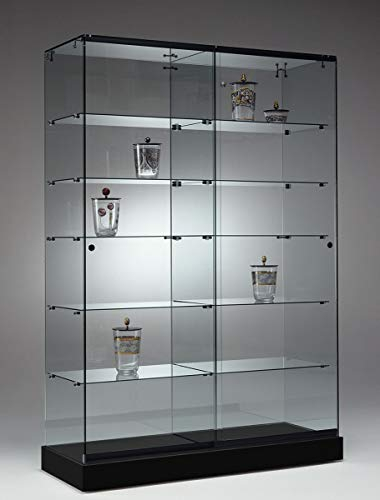 MHN Breite Ausstellungsvitrine ohne Rahmen - T 46 x B 125 x H 182 cm - Verkaufsvitrine Design Glasvitrine abschließbar - Schwarze Standvitrine mit Rollen - Ladenvitrine ohne Beleuchtung
