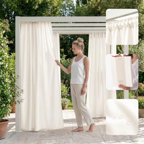 ROOM99 Utomhusgardiner med veckband Garden Line 155 x 200 cm bredd x höjd utomhus gardin väderbeständigt vattentätt insynsskydd solskydd gardiner trädgård vindtät ecru