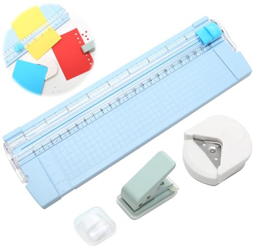 3 Stück Papierschneider Klein zum Basteln, Papierschneider A4 mit Ersatzklinge, Papiereckenabrunder Mini und Papierstanzer Kreis 3 mm für Papier, Foto, Karte