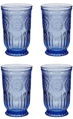 Tumbler Glasses Set of 4 Vintage Style Drinking Glasses with Embossed Mandala Design Turquoise, Purple Blue & Amber Highball Glasses with Footed Bases Drinking Glass Set (Blue)