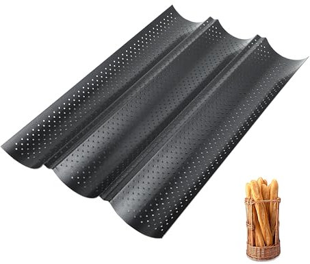 Stampo per baguette con rivestimento antiaderente, teglia per baguette per 3 baguette, nero, teglia baguette 38x25 cm, stampo per panini ideale per cuocere pane perfetto a casa.