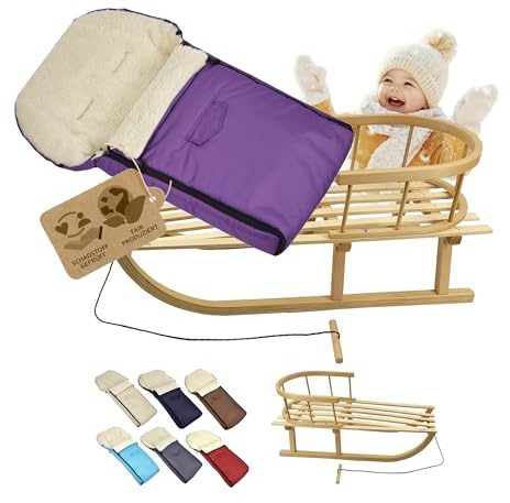 Luge en bois avec dossier et corde de traction + chancelière d'hiver universelle (90 cm), convient également pour nacelle, poussette, buggy, en laine unie (violet)