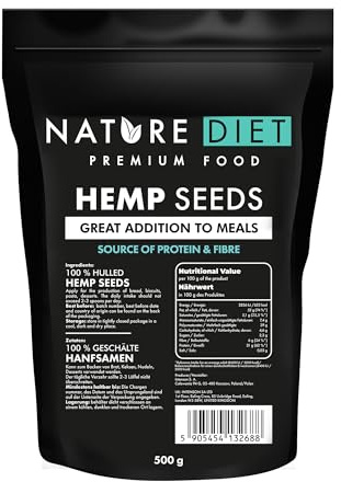 Nature Diet Semi di Canapa Decorticati, 500 g, Ricco di Acidi Grassi | Ricco di Proteine, Vegani e Adatti alla Dieta Keto, Naturalmente Senza Glutine, Senza Additivi