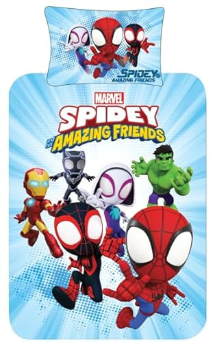 Spidey and His Amazing Friends Blue Duvet Cover Set - Single Bedding Polycotton Set - Reversible Superhero Design for Kids - Official Marvel Bedding (Single)