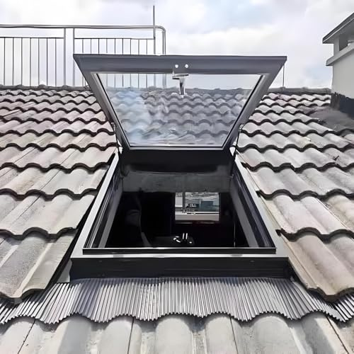 Kaverno Ventana De Techo con Película Solar Y Guantes, Trampilla con Vidrio Reforzado, Ventilación Manual Multiángulo, Claraboya Personalizable para Ático, Solario Y Sótano(LxW 50x50cm/19.7x19.7in)