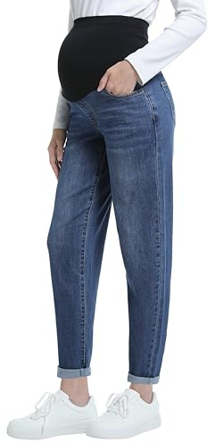 CFRTMTBB Women's Maternity Jeans Over Belly Comfy Stretch Boyfriend Jeans with Pockets Loose Pregnancy Denim Pants (Dark Blue,XXL)