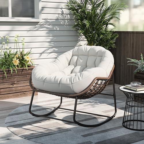 SUNFECILI Mecedora de Exterior, sillón reclinable de ratán, mecedoras de Patio para Exterior, cómodo sillón reclinable de jardín con Cojines para balcón, Mecedora de ratán (Beige-F)