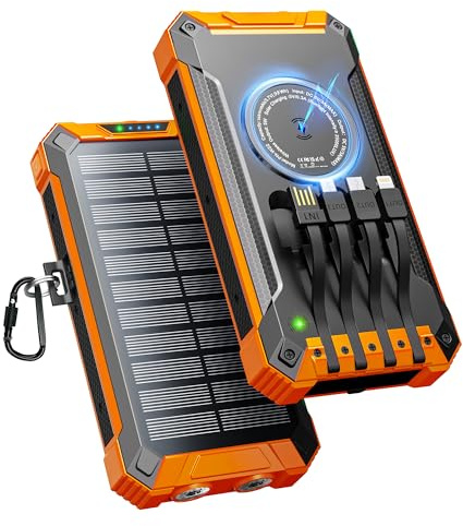 Power Bank Solar 26800mAh con 4 Cables, Batería Externa Cargador Solar Inalámbrico USB-C 15W Carga Rápida 6 Salidas 3 Entradas para Teléfono, Cargador Solar con Linterna, Mosquetón
