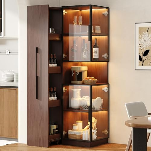 Ligterra Vitrina con estante extensible – vitrina de doble cristal LED MDF nogal vitrina de cristal y almacenamiento armario alto multifuncional para salón, comedor, cocina, marrón