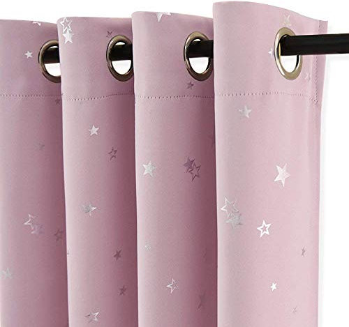PONY DANCE Stars Foil Printed Blackout Curtains - Pink 52 x 54 Inch Thermal Insulated Curtains & Drapes with Eyelet for Kids Girls Nursery Bedroom, Pink, 2 Panels