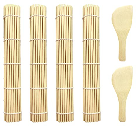Jesdavan Sushi Rollmatte, 4 Stück Sushi Matte Bambus, Bambusmatte Sushi, Sushi Rolle, Kommt mit 2 Reislöffeln Geeignet für Anfänger und Profis in der Sushi Zubereitung(24 x 24 cm)