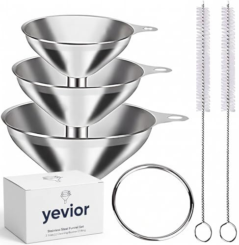 3 in 1 Metal Funnels for Filling Bottles Stainless Steel Small Kitchen Funnel Set for Transferring Essential Oils Liquid Fluid Spice Dry Ingredients Powder, Durable (‎Short-Handled Funnel)