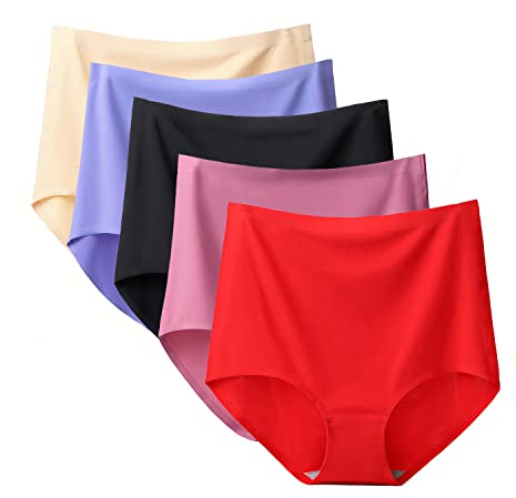Qrity 5 Pièces Culotte Femme Taille Haute, Culotte sans Couture, Soie Glacée Culottes Taille Haute sous-vêtements -M