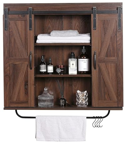 RUSTOWN Rustic Wood Wall Storage Cabinet with Two Sliding Barn Door, 3-Tier Decorative Farmhouse Vintage Cabinet for Kitchen Dining, Bathroom, Living Room, Dark Walnut