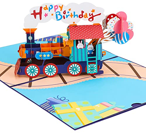 yumcute Carte d'anniversaire pop-up 3D pour enfants, garçons et filles, carte d'anniversaire pop-up avec enveloppe, carte d'anniversaire avec train amusant, idée cadeau