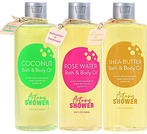 Autumn Shower Bath and Body Oil with Sweet Almond Jojoba, Shea Butter, Rose Water, Coconut Bath Oils Mother's Day Gift for Women, Multiuse Oil for Hair Dry Skin 26.4 fl oz (Pack of 3)