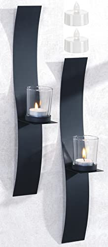 Novaliv 2X Wandkerzenhalter + 2X LED Teelichter 6 x 39,5 x 6 cm Schwarz LED Kerze Teelichterhalter aus Metall mit Glas Kerzenhalter Dekoration Wanddeko Vintage Deko Teelicht LED Licht Wandhalter