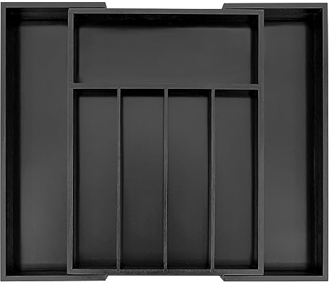 VaeFae Bamboo Cutlery Drawer Organiser, Expandable Cutlery Tray for Kitchen Drawer, Wooden Utensil Drawer Organiser for Forks Knives (Black)