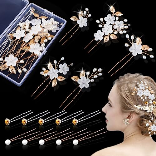 Svalor 15 Stück Haarschmuck Hochzeit Set, Hochzeit Haarnadeln mit Perlen und Blume, U-förmig Haarspangen Strass, Haarnadeln Hochzeit, für Braut und Brautjungfer(Golden, 3 Stil)