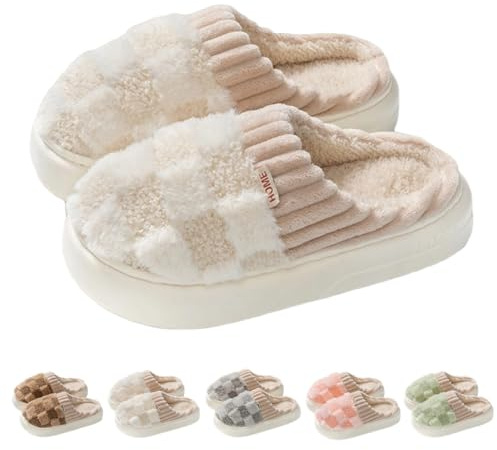 VTTDB Checkered Slipper House Slippers for Women Men Plush Warm Fuzzy Slippers Flyffy Bedroom Shoes Indoor Slip On (8.5-9 Women/7-8 Men,Beige,Numeric Range,Medium,8.5,9)