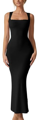 QINSEN Women's Square Neck with Lace Detail Long Maxi Dress Sleeveless Lounge Ribbed Full Length Dresses Black M