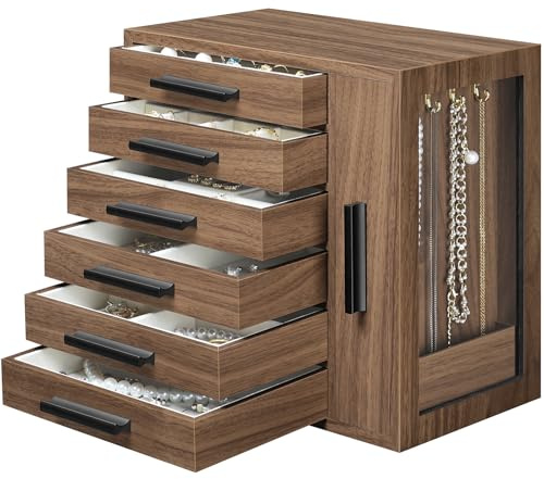 HOOBRO Caja Joyero, Estuche para Joyas de Madera, 6 Niveles, con Ventana Transparente Lateral, para Pendientes, Collares, Pulseras, Anillos, Nogal y Negro EBH12JB04