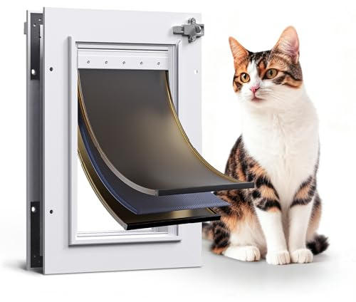 Cat Door Interior Door All Aluminum White 3 Flaps, for Exterior Door Small Cat Dog Doggy Doggie Door, Heavy Duty Pet Door, Insulation Flap, Lockable Closing Panel Telescoping Tunnel, Pets Up to 22lbs