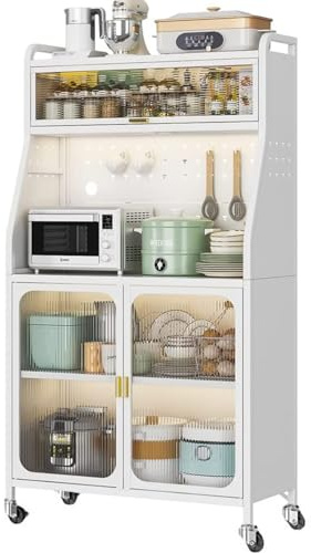 ONKBOITE Armario de Cocina, Mueble Auxiliar De Cocina, 5 Niveles Aparador, con Orificio para Cables, con Ganchos Ruedas, Puerta Magnética, Color Blanco(86x36x164cm)