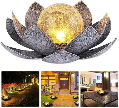 Funmo Lampada solare per esterni, con fiori di loto, lanterna solare con effetti di luce bianca calda, IP44, impermeabile, per terrazza, cortile, prato, balcone