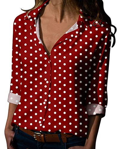 Blouse tunique décontractée à pois pour femme - Coupe ample - Manches longues boutonnées - Hauts col en V - Manches 3/4 retroussées - Chemises Henley habillées pour le travail et le bureau, Rouge, XL