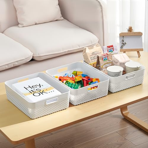 Mofeisor Storage Basket Boxes Set of 3, Plastic Organiser Bins for Kitchen Cupboard Bathroom Office, Grey, 30 x 23.5 x 10 cm