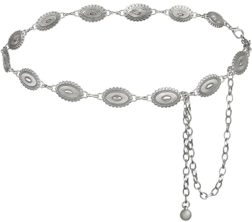 DRESHOW Western Metal Concho Bälte för Kvinnor Cowgirl Boho Concho Kedja Justerbar Silver Guld Vintage Midjekedja för Kvinnor Till Klänningar Jeans och Countrykonserter