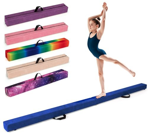COSTWAY Folding Gymnastics Balance Beam, 7FT/8FT/9FT Kids Training Beam with Carry Handles, Anti-Slip Base, Floor Gymnastics Beams for Home Gym Exercise (Blue, 240cm)