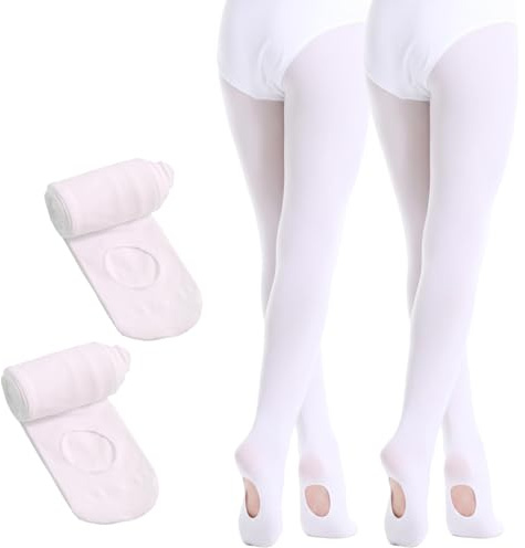 viiotu 2 Pairs 60D Girls Ballet Tights - Ultra Soft Convertible Dance Tights with Elastic Waist & Reinforced Crotch (UK, Age, 5 Years, 8 Years, Regular, White 2 Pairs)