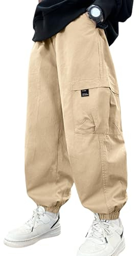 Happy Cherry – pojkar cargobyxor barn joggingbyxor bomull säckiga byxor lösa träningsbyxor elastisk midja tonåringar för skola utomhus – 5-13 år, Khaki, 122/128 cm