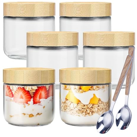 GANILITY Overnight Oats, 6 st 300 ml glas yoghurtburk med lock, hermetiska glasburkar med 2 sked, för yoghurt, pudding, chutneys, gröt