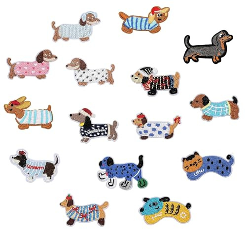 Aufnäher zum Aufbügeln 15 Stück, Verschiedene Dackelmuster, Bügelbilder Dackel Patches zum Aufbügeln, Dackelmuster Flicken Zum Bügelsticker für Kleidung Hüte Jacke Jeans Rucksäcke Tasche
