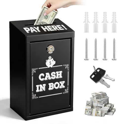 Tirelire avec clé : caisse à monnaie en métal avec clé, boîte verrouillable murale, boîte à dons, boîte à propositions sécurisée pour la maison, le bureau, la porte extérieure (noir)