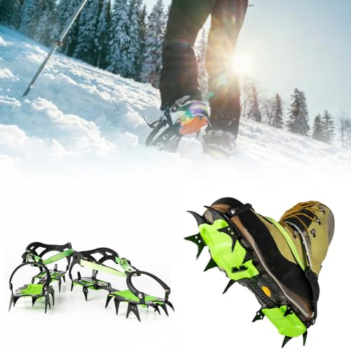 BRS-S1A - Crampones de 14 dientes, tacos de hielo para senderismo, senderismo, montañismo, picos de tracción antideslizantes ajustables para nieve, hielo, glaciar, compatibles con botas, zapatillas de