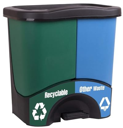 Mintra Home Trash Bins - 3 Gallon - 17.5inW x 17.5inH x 13inD - Double Bin - Green/Blue - Recycle, Trash, Can, Bin, Garbage, Plastic, Wastebasket, Adjustable, Removable, Home, Office, Durable