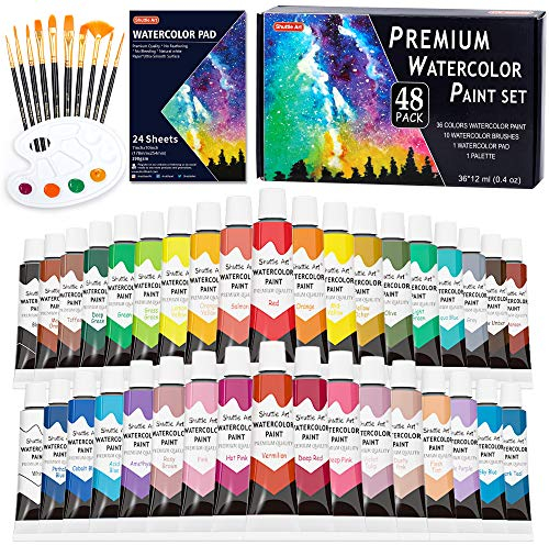 Shuttle Art 48 Pièces Kit Aquarelle Peinture, 36 Tubes Peinture aquarelle 12ml 10 Pinceaux 1 Bloc d'Aquarelle 1 Palette, Watercolor Paint Set, Peinture pour Aquarelle pour Artiste, Débutant