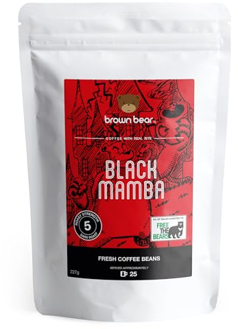 High Caffeine Strong Robusta Strongest Coffee Beans 227g - Brown Bear Black Mamba Blend - For All Coffee Machines - Our Very Strongest Coffee Ever - Extra Strong Dark Roast Crema - Strength 5