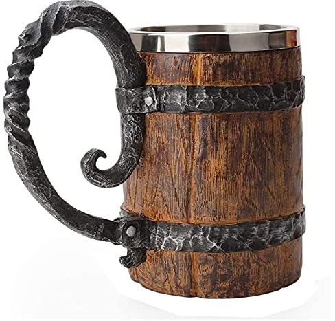 VORAGA Handmade Wooden Barrel Beer Mug, Bucket Shaped Drinkware with Handle, Stainless Steel Double Wall Cocktail Mug for Bar Restaurant, Vintage Bar Accessories (18 oz)
