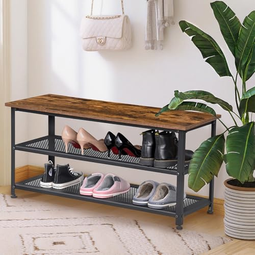 H JINHUI Shoe Bench, Industrial Shoe Rack with Mesh Shelves, 100 x 38 x 45 cm Storage Organiser Shelf, Steel Structure, for Living Room, Bedroom, Entryway, Hallway, Rustic Brown and Black